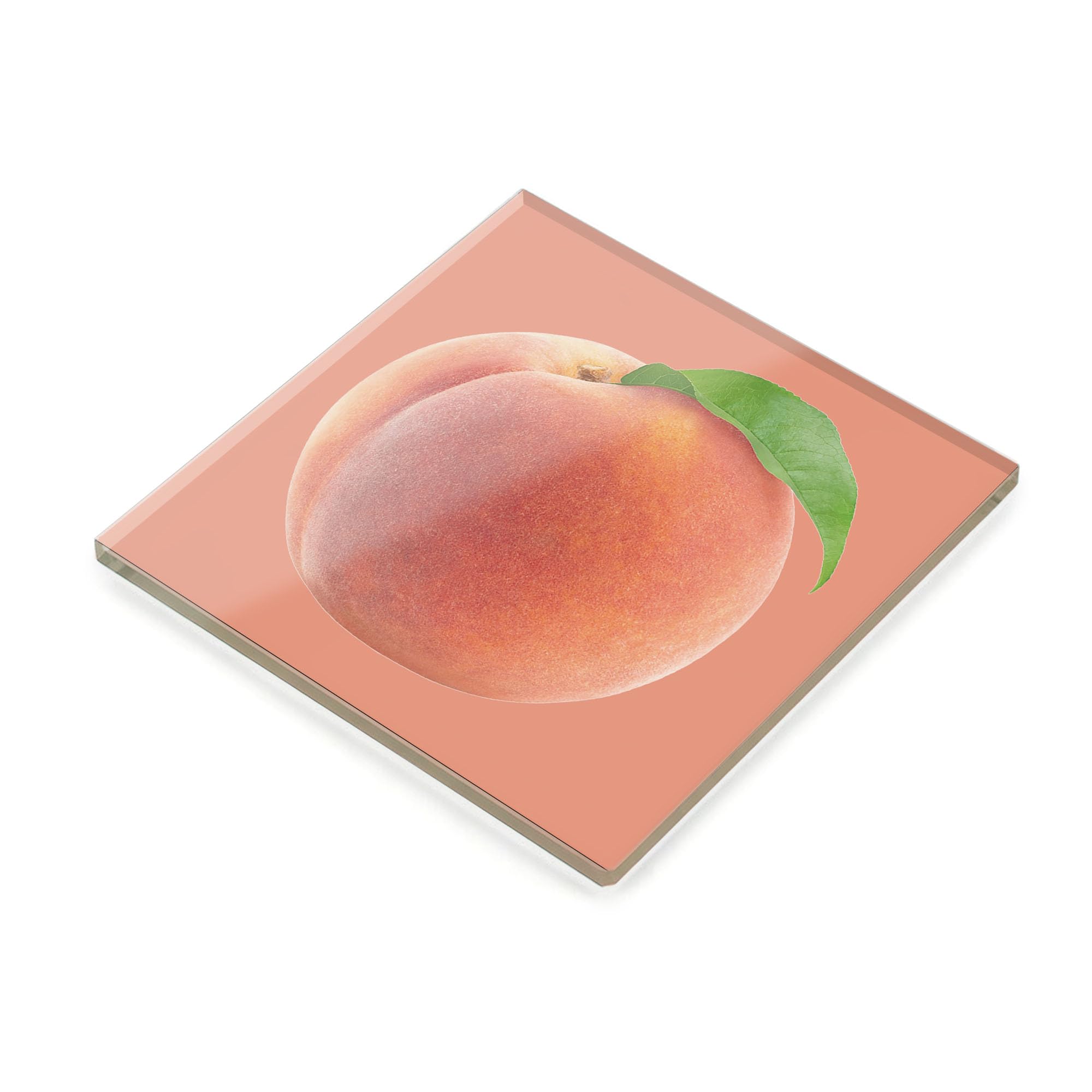 Peach Glass Coaster Square Tempered Glass Drink Coaster Fruit Kitchen Decor Summer Aesthetic Home Gift Cute Peach Lover Present (Plain Packaging)