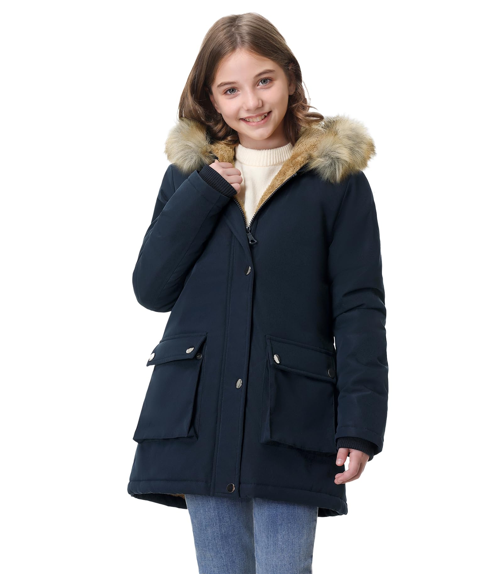 Vancavoo Abrigo Niña Invierno Chaqueta con Pelo Capucha Plumas Mediana Longitud Caliente Cazadora Ropa por 6-12 Años