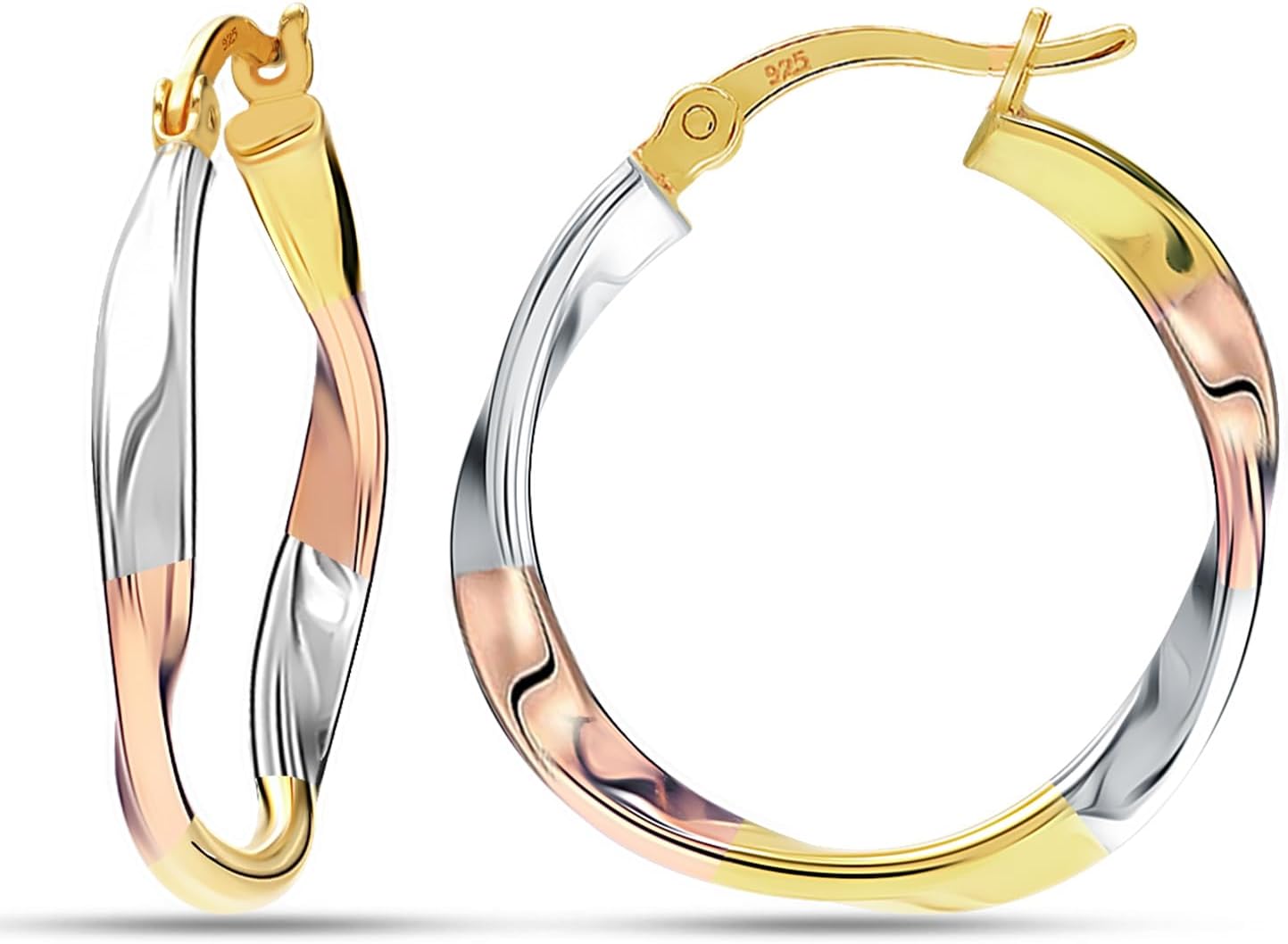 LeCalla Real 925 Sterling Silver Hoop Earrings | 14K Gold-Plated Three-Tone Twisted Earring Jewelry | Light-Weight Italian Design Click-Top Hoop Earrings for Women