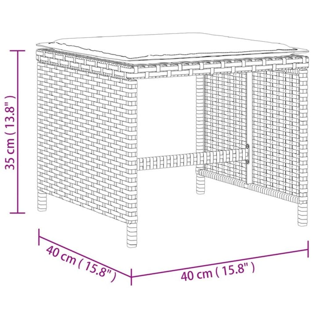 Taboret ogrodowy z poduszkami, 4 sztuki, brązowy, 40 x 40 x 35 cm, polirattan, odporny na warunki atmosferyczne, stal malowana proszkowo, taboret do siedzenia na balkon, taras, do wypoczynku