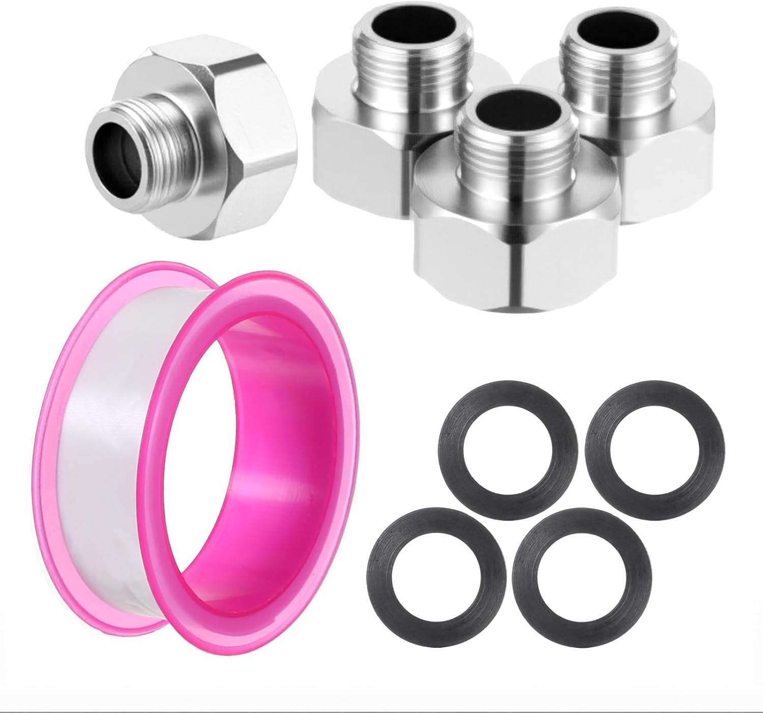 4 PCS 1/2 Female To 3/8 Male Reducer Compression Fitting Brass and Stainless Steel Water Line Adapter with Rubber Washer & Tape Leak-Proof Compression Pipe for Kitchen Bathroom RV Faucet Supply Hose