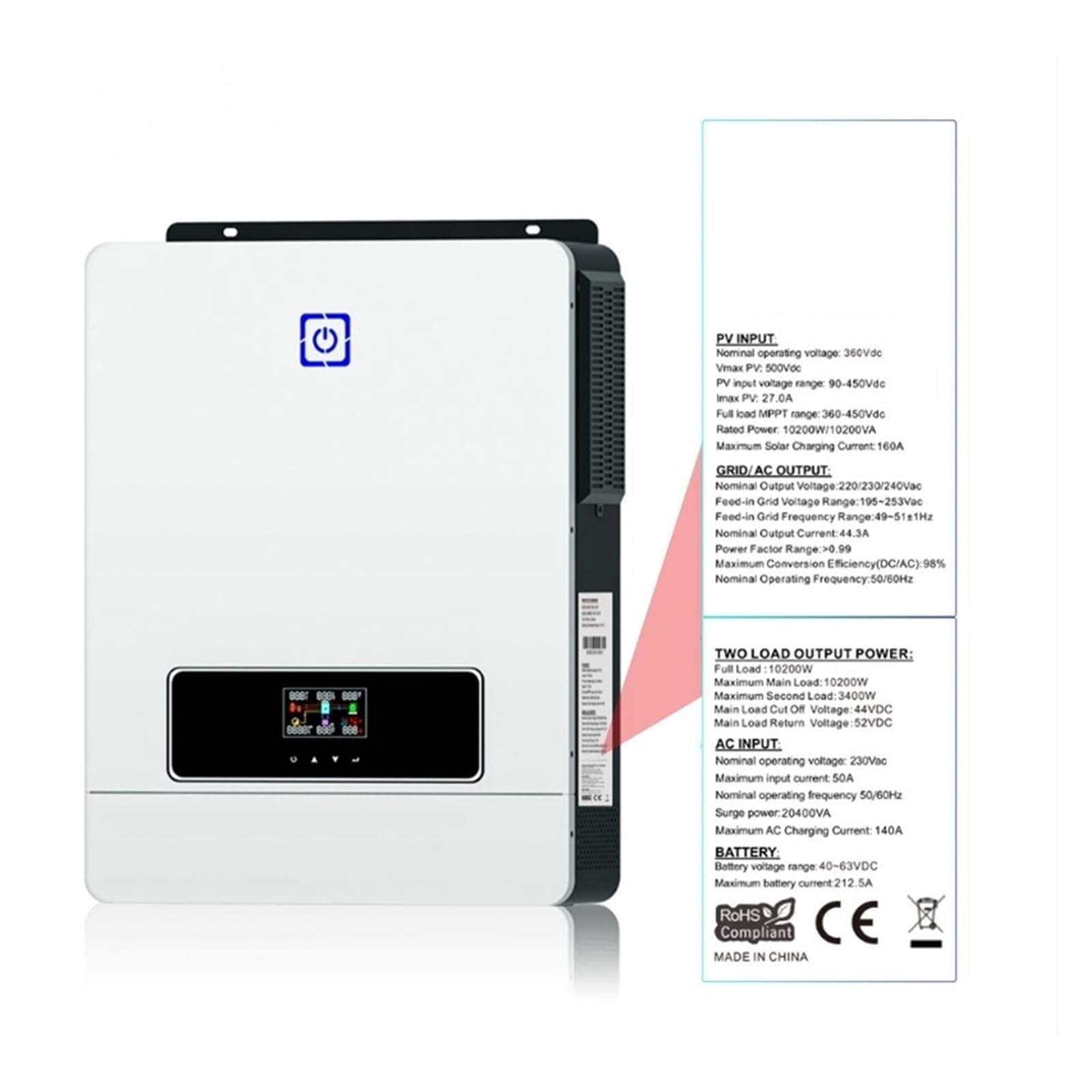 8200W 10200W Inverter Solare Ibrido 48V 230VAC A Onda Sinusoidale Pura MPPT Integrato 160A/180A Regolatore Di Carica PV Max 500VDC Stabile Affidabile Applicazione Completa(8200W)