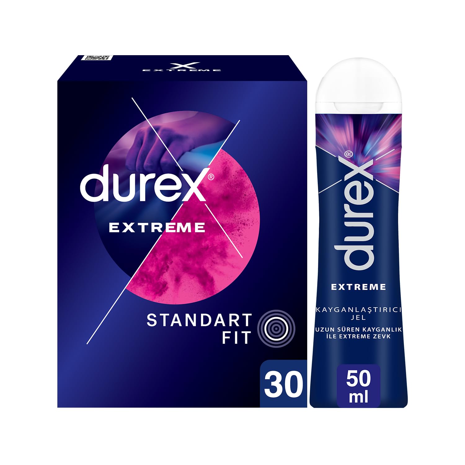 Durex Extreme 30'li Geciktiricili ve Tırtıklı Prezervatif & Durex Extreme Kayganlaştırıcı Jel 50 ml
