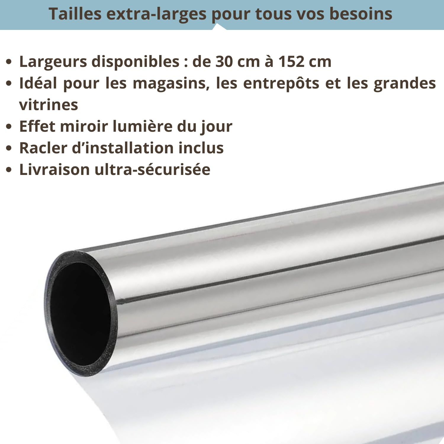 Film miroir pour vitres de confidentialité jour – (120 x 400 cm), anti-UV et contrôle de la chaleur, film occultant réfléchissant auto-adhésif professionnel fenêtres maison bureau, tenue forte sans