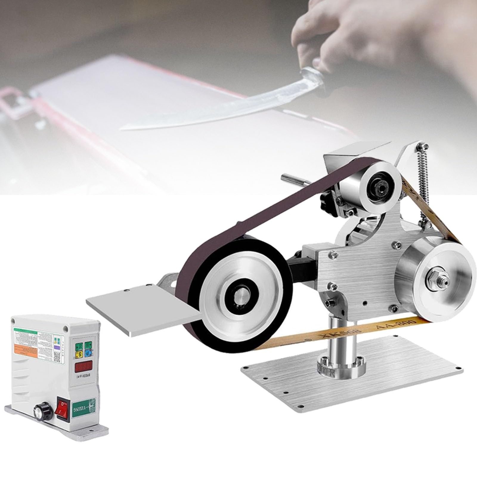 Lijadora de Banda de 1" x 30", 6000 RPM, 550 W, máquina de Lijado de Banda de Escritorio, con Bandas de Lijado de Grano 60/800 y Velocidad Ajustable for procesamiento de Metales y joyería.