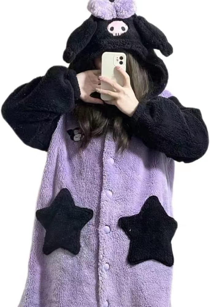 Brrioe Women's Cute Robe Button Bathrobe - Hooded Plush Sleepwear with Kawaii Pattern and trousers Sets - Image 3