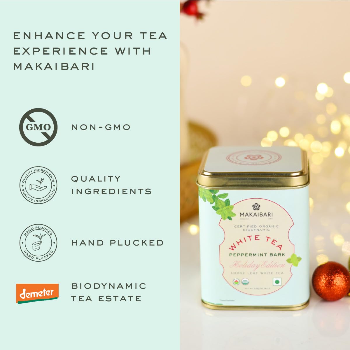 Makaibari Holiday Edition : White Peppermint Bark | Premium White Tea | Anti-Oxidants, Immunity Booster, Low Caffeine | Supports Healthy Skin | Tin Caddy | 50g 2