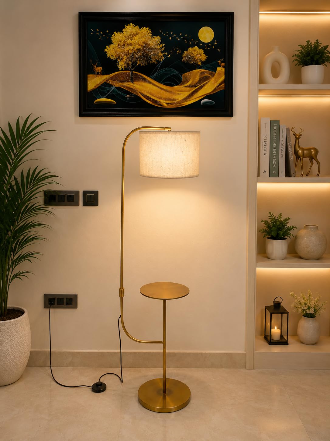 Modern Metal Floor Lamp with Side Table Premium Fabric Shade 5Ft Tall Standing Lamp Brass Gold Finish Reading Lamp for Living Room, Bedroom & Office-picture-29