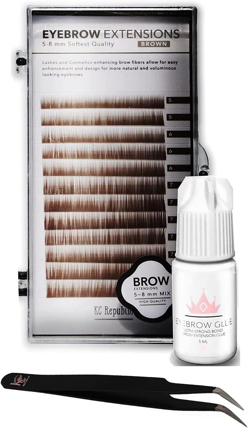 Eyebrow Extensions Kit with 1 x Trays of Mink Eyebrows in Brown Comes on Mixed Length Trays 5-8 Mm Mix, Eyebrow Extension Glue Clear & Extension Tweezers by Kc Republic