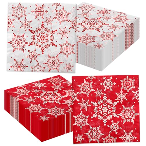 100 Stück Weihnachts Schneeflocke Servietten - Rote weiße...