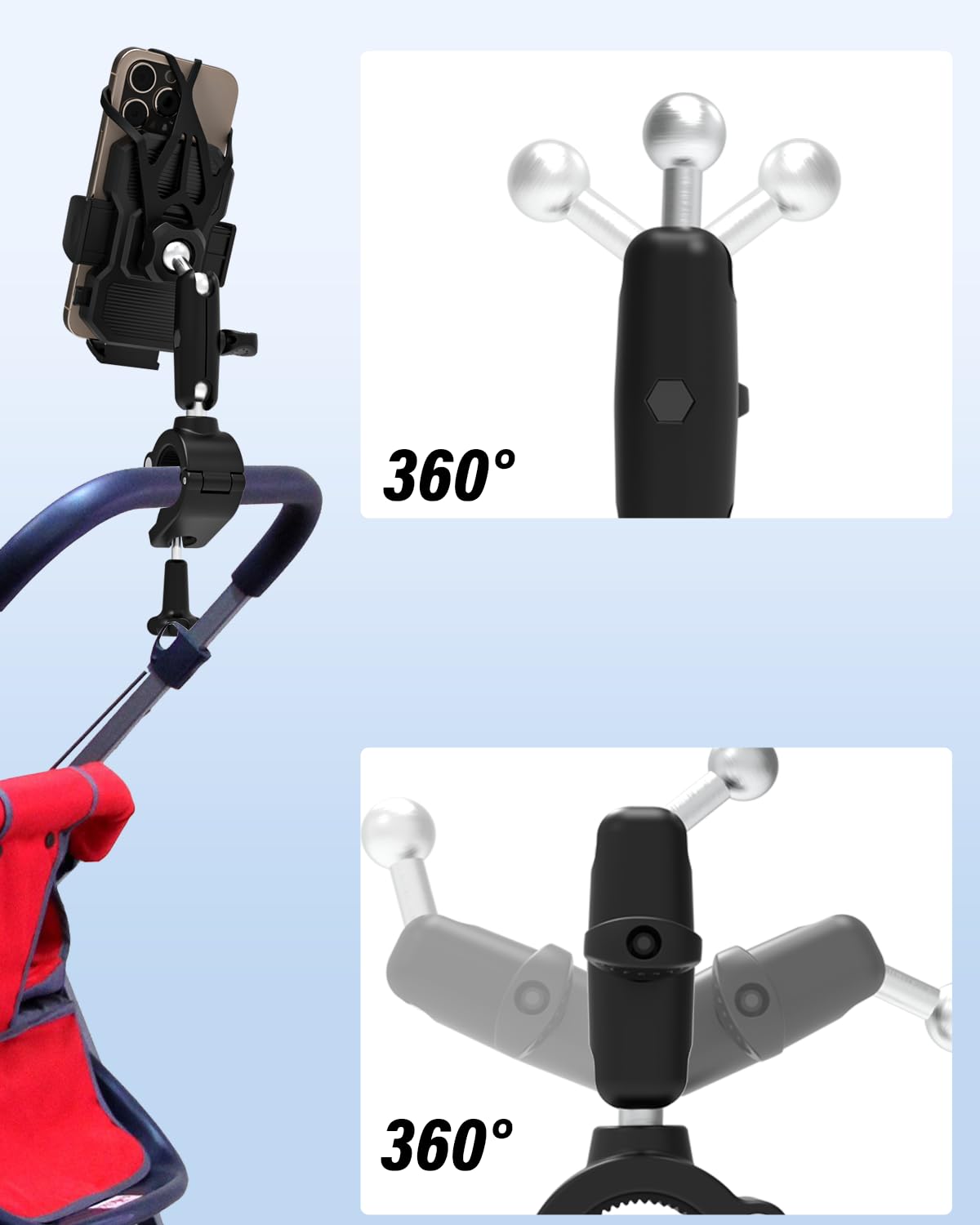 Supporto per cellulare per carrozzina [con fascia ultra stabile], per manubrio/cyclette/sedia a rotelle/barca/bici da corsa/scooter E, per iPhone 16 Pro Max/15/14/13 e tutti gli smartphone