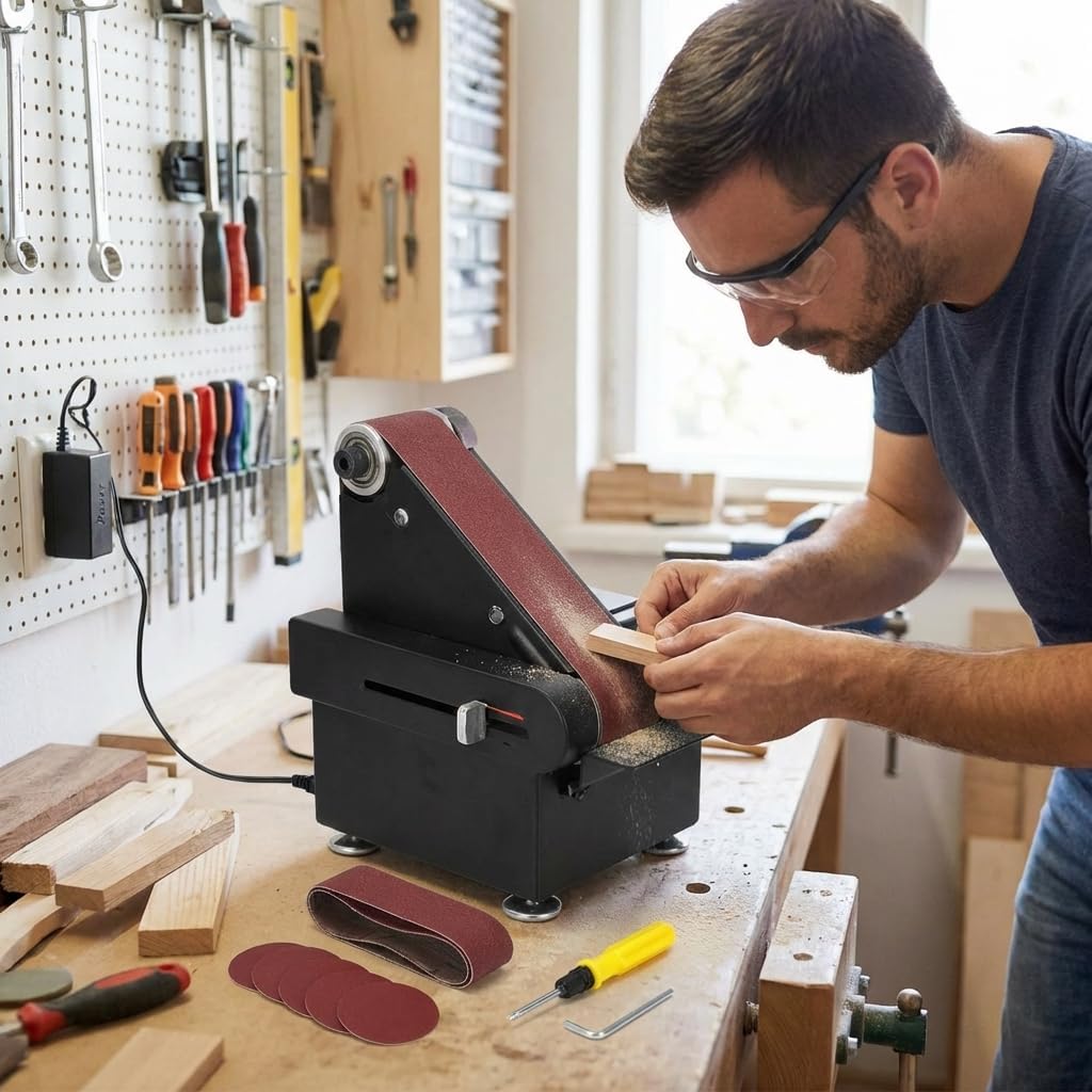 2 in 1 Mini Belt Disc Sander, Bench Grinder with Adjustable Speed, Small Spindle Sander Machine for Wood Metal Stone DIY Grinding, Compact Electric Sander for Home Workshop and Craft Projects