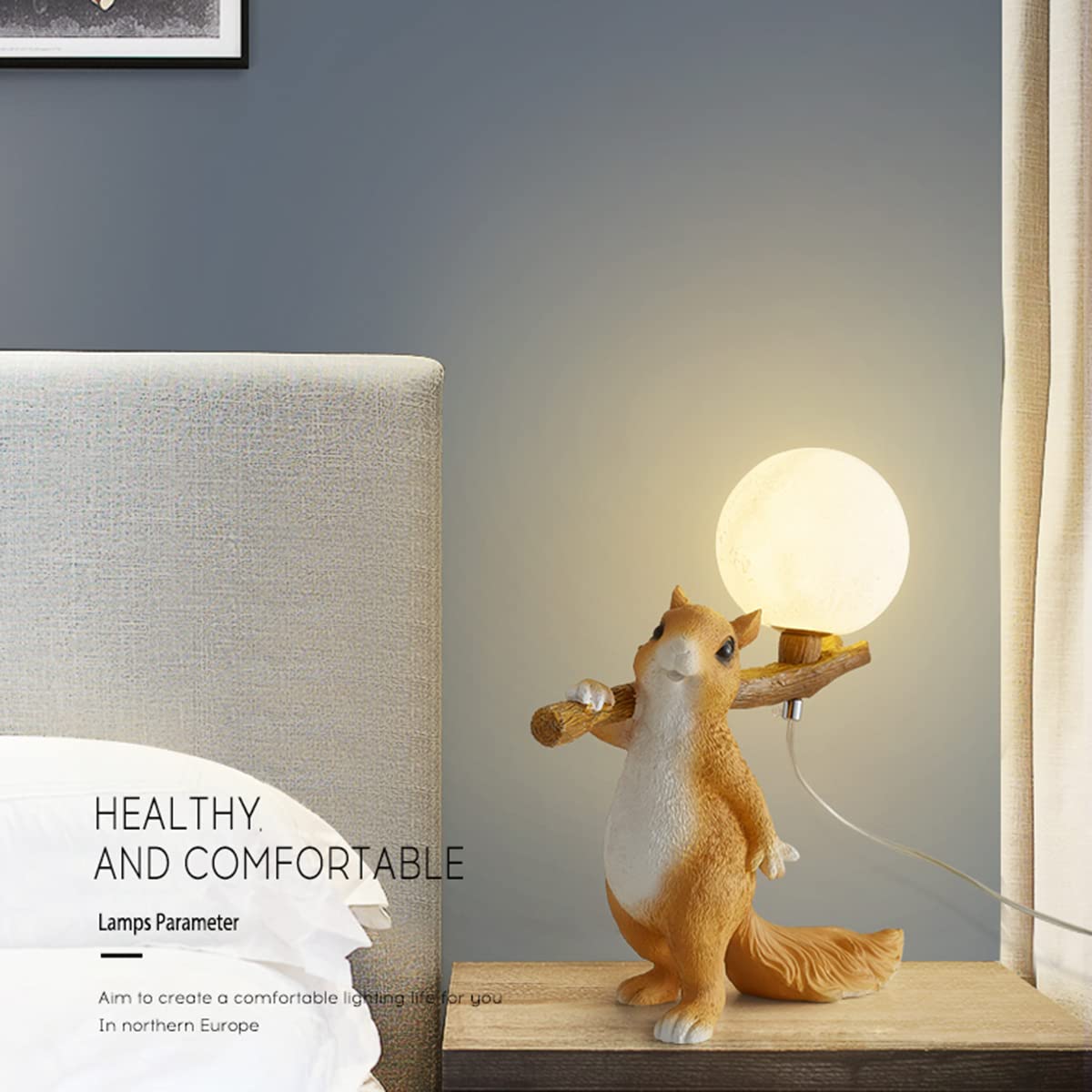 Lampa stołowa Wiewiórka, Kreatywne lampki nocne do pokoju dziecięcego, Lampka nocna LED dla dzieci, Abażur z nadrukiem 3D w kształcie księżyca, Do gabinetu i dekoracji salonu