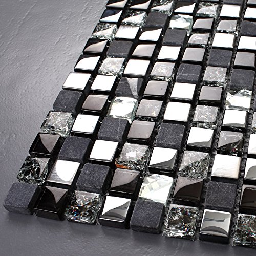Hominter 10-Sheets Glass And Marble Backsplash - Black/Silver/Gray Blue, Crackled And Coated Glass Glossy Tile, Rhinestone Crystal Mosaic Bathroom Wall Tiles Ks66B #TOP3