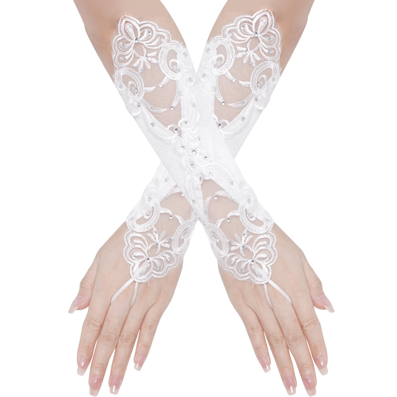 Haakong White Lace Gloves for Women Fingerless Rhinestone Bridal Gloves for Wedding Party Prom Costume Accessories