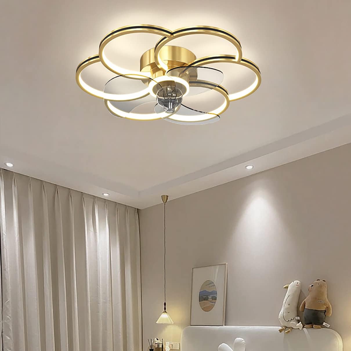 YUEGOO Ceiling Fans with Lamps,Bedroom Led Dimmable 3 Speeds Flower Type Fan Ceiling Light with Remote Control Modern Living Room Silent Ceiling Fan Light/D