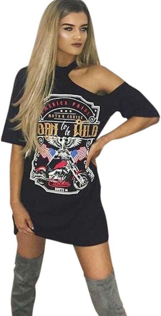 Women's Top, Ladies Vintage Off Shoulder Rock Style Short Sleeve Shirt Tops Blouse Mini Dress S-XL (Black, M)