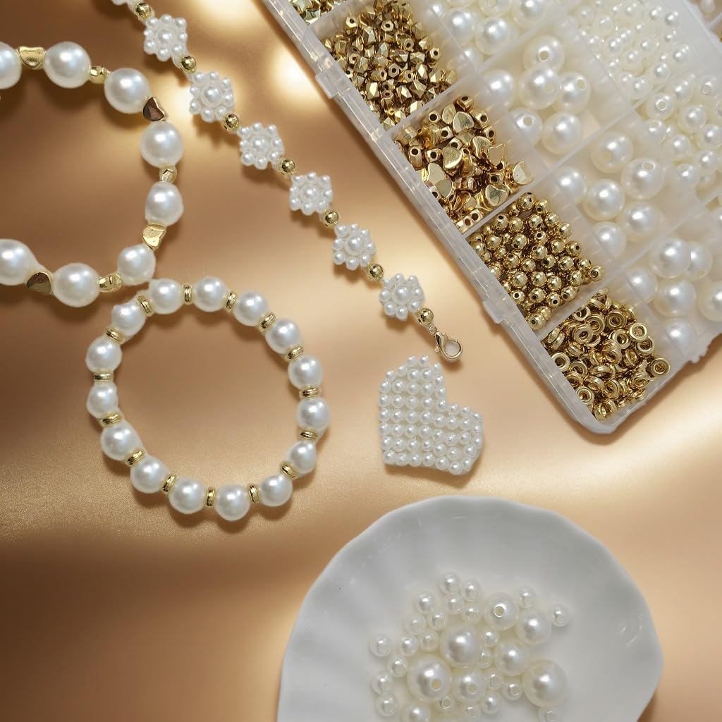 720pcs Artificial Pearl Beads and Golden Spacer Beads for DIY Jewelry Making with 2 Rolls of Elastic Cord, DIY Elegant Bracelet Necklace Friendship Handmade Craft Supplies - Jewelry Making Kits