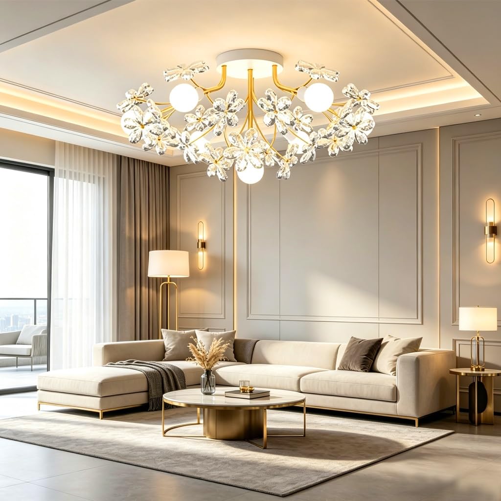 Trutipon Modern Golden Crystal Pendant Light Flower Design 60cm Embedded LED Chandelier 3 Color Temperatures 7-head E27 Adjustable Ceiling Lamp Suitable For Living Rooms And Bedrooms