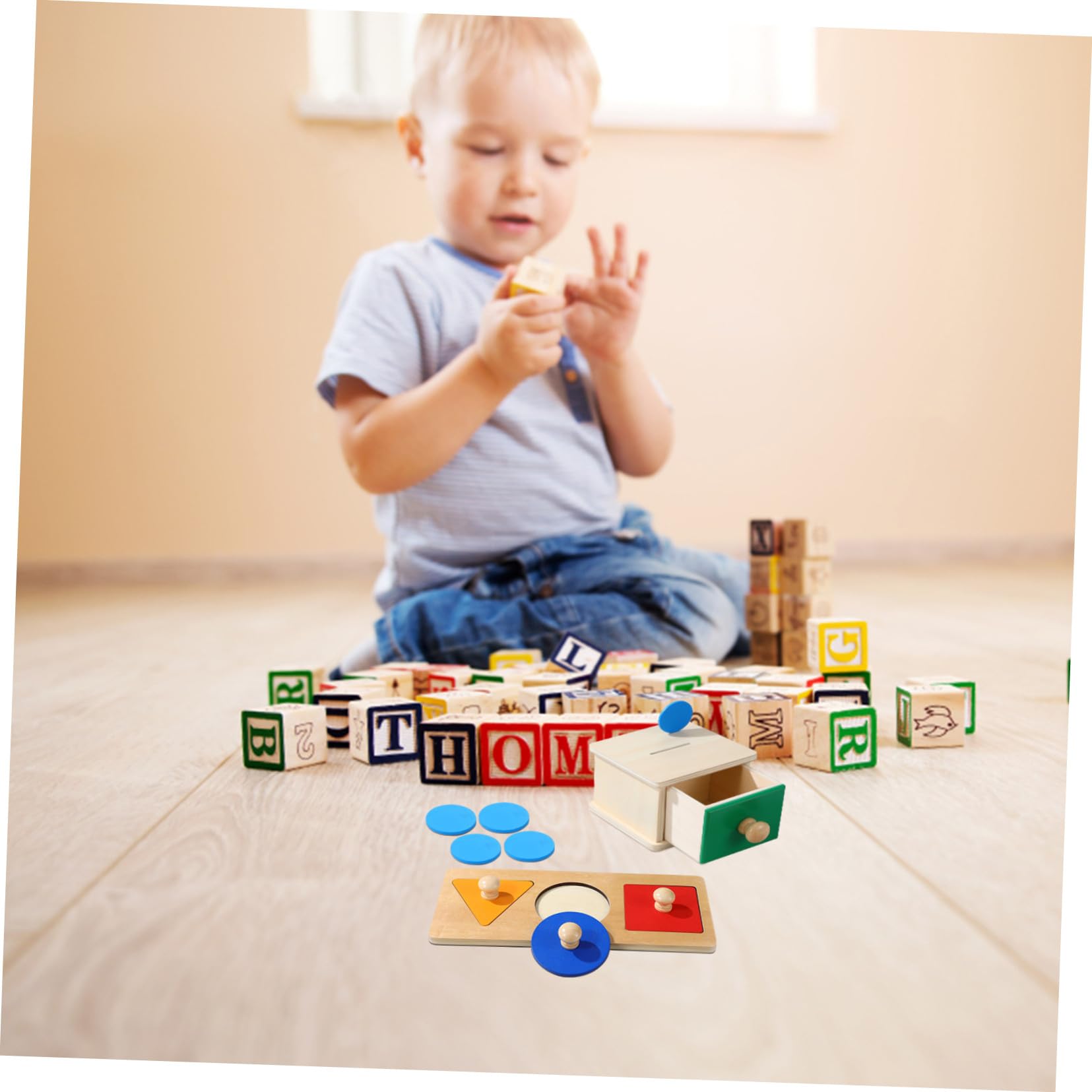 Hemobllo 2juego Panel De Caja De Monedas Rompecabezas Geométricos con Caja De Madera para Monedas Juguetes Educativos Primera Infancia Bloques Geométricos Juguetes De Madera para Bebés