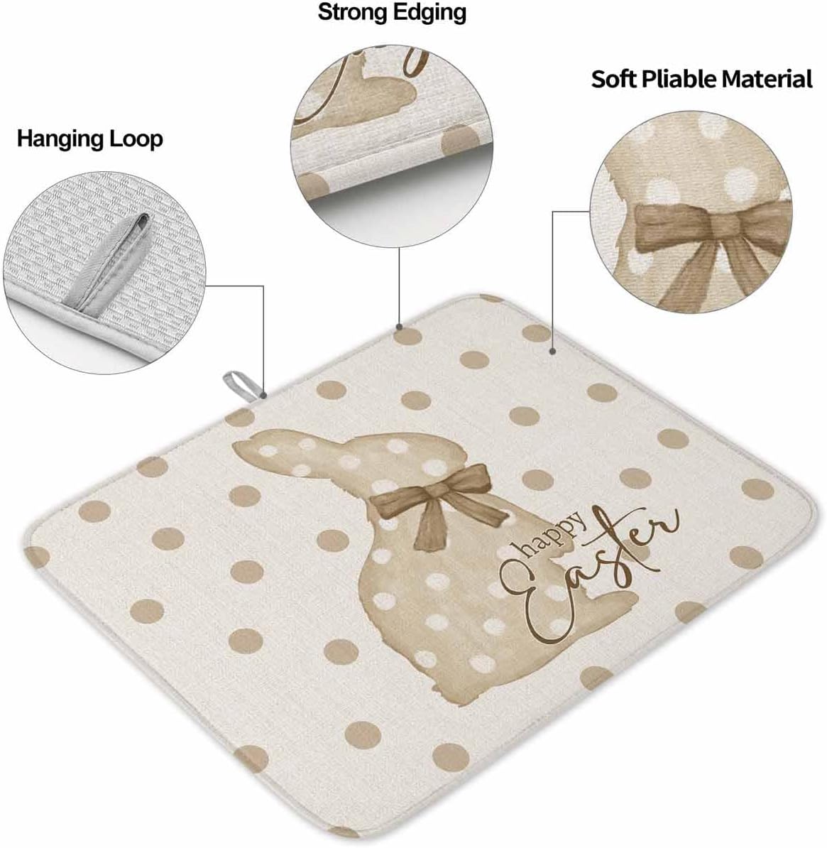 Easter Bunny Bow Drying Mats for Kitchen Counter 2 Pcs, Brown Polka Dot Microfiber Absorbent Dish Drainer/Rack Mat,Reversible Hangding Quick Drying kitchen Decor,18x24 Machine Washable