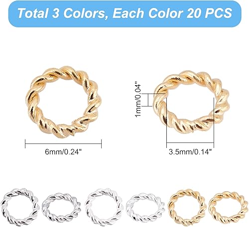 Miniatura 2 de PH PandaHall 60 anillos de salto de oro de 24 quilates, 3 colores de 0.236 pulgadas de latón, anillos de salto trenzados de calibre 18, anillos de