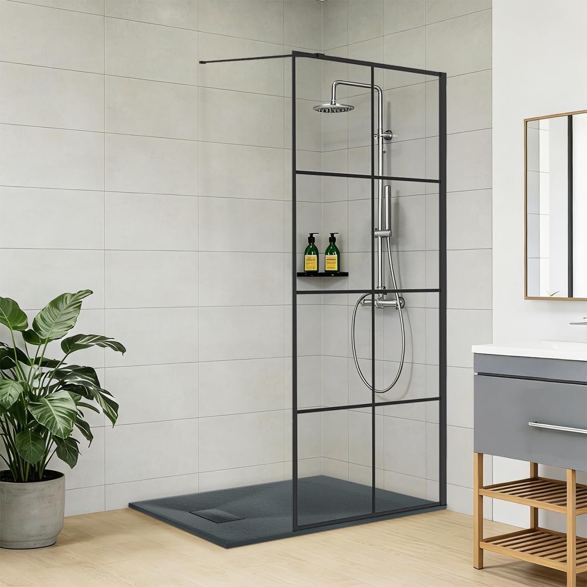 Nrg Anthracite 900X1950mm Black Grid Glass Wetroom Screen Black Framed With 1200X900mm Rectangle Smc Shower Tray
