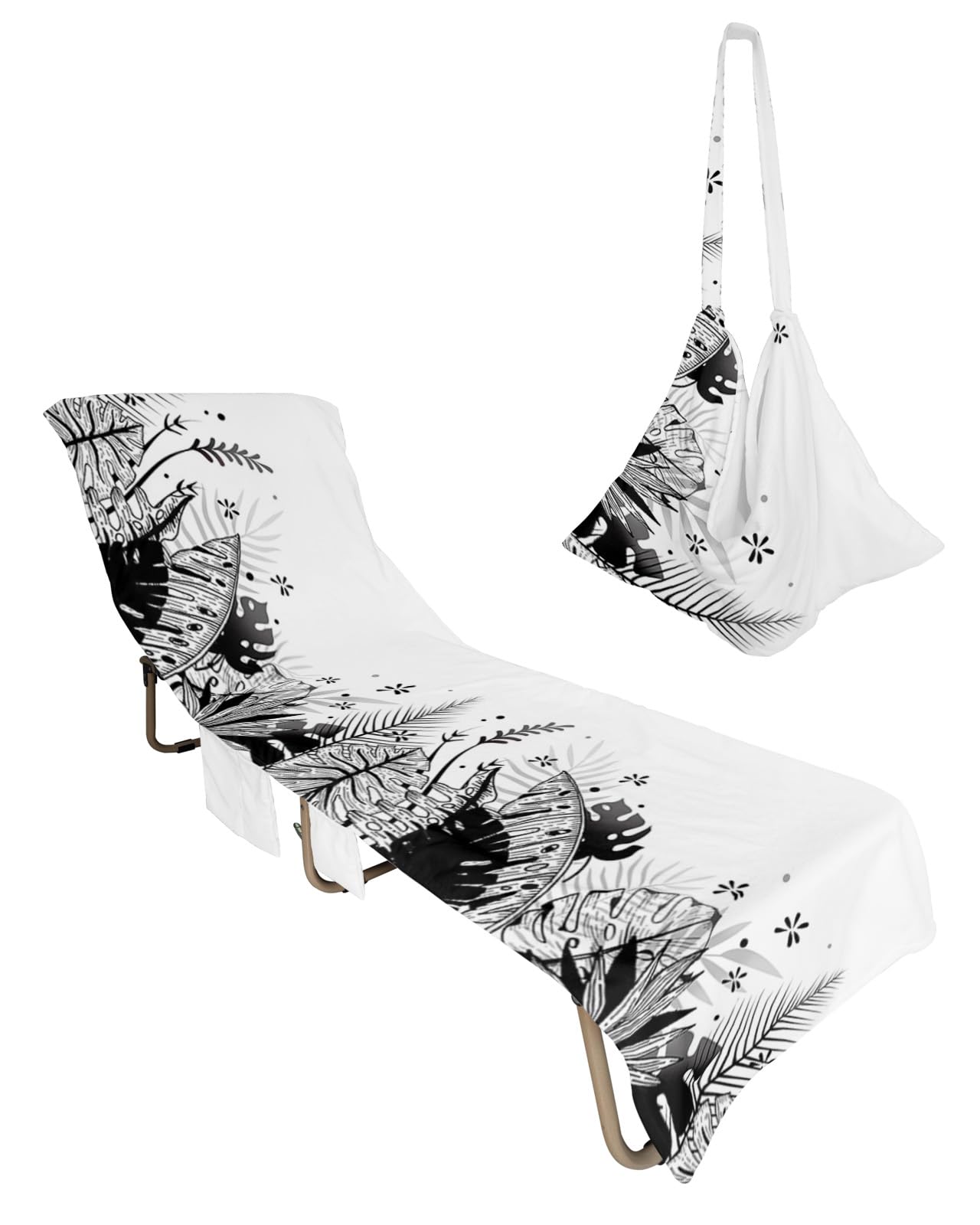 Black Botanical Beach Lounge Chair Towel Cover, Soft Chaise Lounge Towel with Side Pockets Patio Pool Chairs Cover for Beach/Pool Sunbathing 29x85 Summer Palm Leaf Tropical Plants