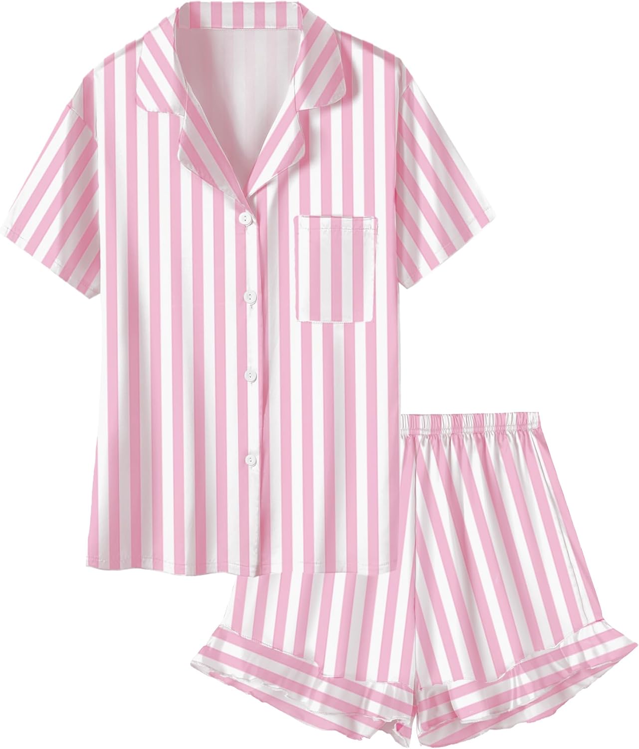 Umeyda Satin Silk Pajamas for Girls 2Pcs Button Down Pjs Set Girls Sleepwear, Pink Stripe, 7-8 Years