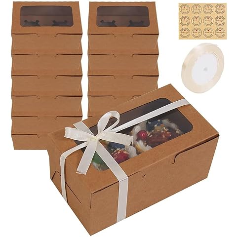Skystuff 24PCS Kraft Cupcakes Boxes with Removable 2-Hole Inserts Kraft Paper Cake Boxes Cookie Boxes Bakery Box Cupcake Carrier, with 24PCS Sealing Stickers and 1Roll of Ribbon Cover