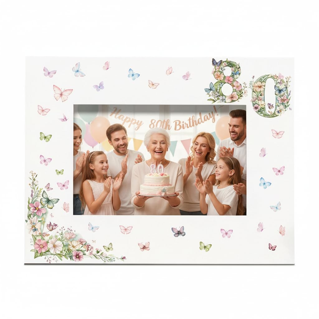 80th Birthday Photo Frame for Her, White with Butterflies and Flowers, 6x4 Inch, Wall Hanging or Desktop Display (Landscape)
