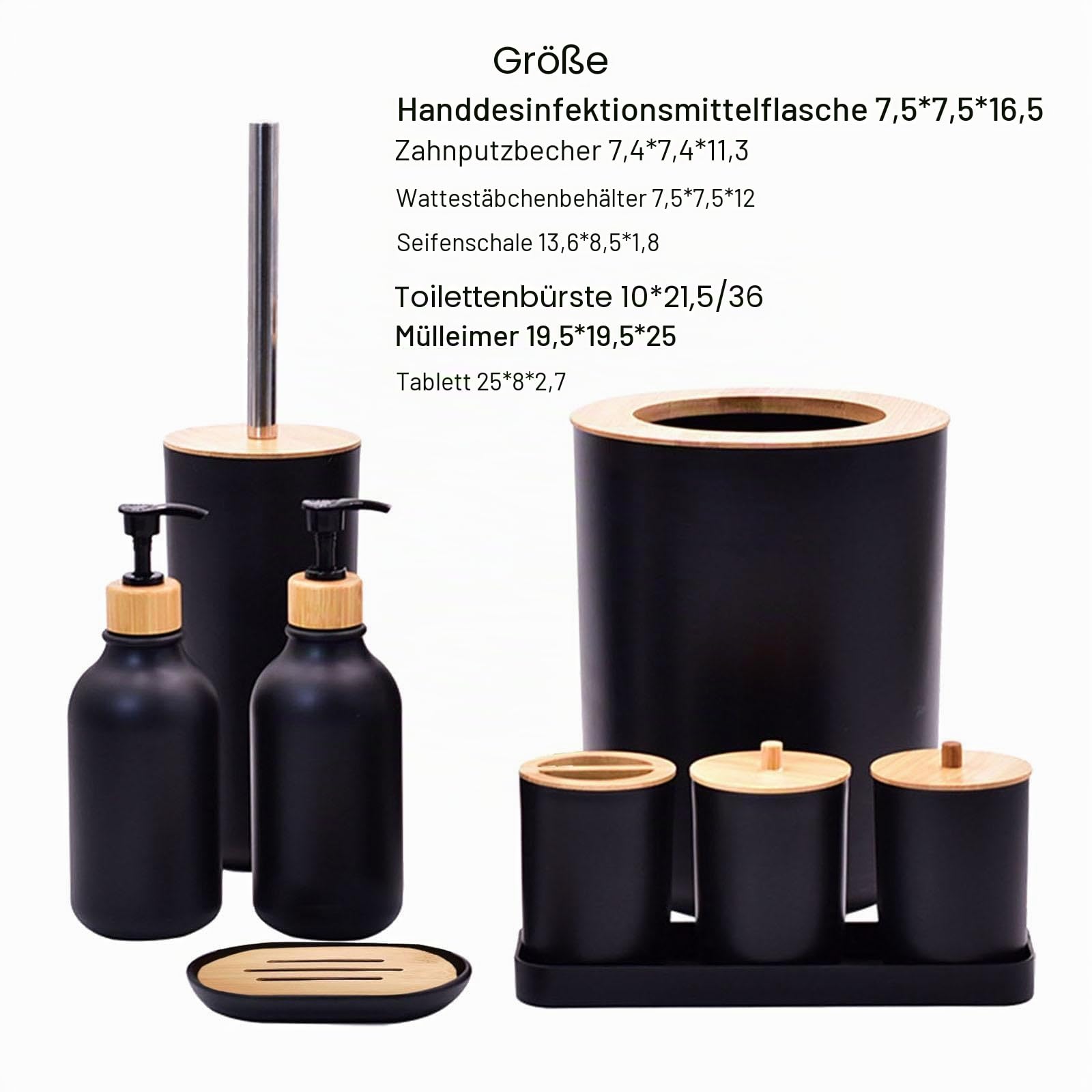 Badezimmer-Zubehör-Sets komplett – 9-teiliges Badezimmer-Zubehör-Set mit Mülleimer, Kosmetikablage, 2 Seifenspendern, Zahnputzbecher, Toilettenbürste, Wattestäbchenhalter, Seifen Black
