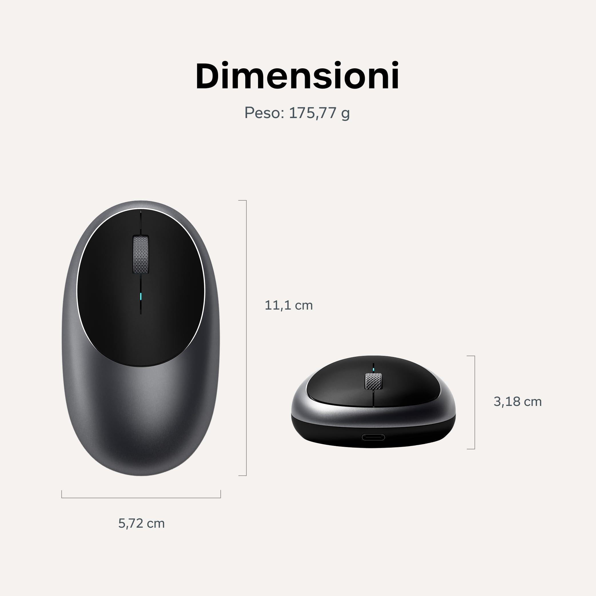 Satechi Mouse Wireless M1 in Alluminio, Ricaricabile USB C, 1200 DPI, Elegante Mouse Bluetooth Compatto per MacBook Air/Pro/Neo, Laptop, PC, iPad – Grigio Siderale