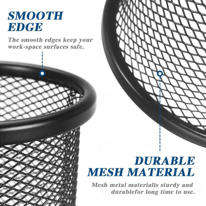 Image of Metal Mesh Pen Stand for Office & Home Desk | Black Stationery Holder Organizer for Pens, Pencils, Markers, Makeup Brushes | Durable Round Wire Mesh Pen Stand (Pack of 1) (Black)