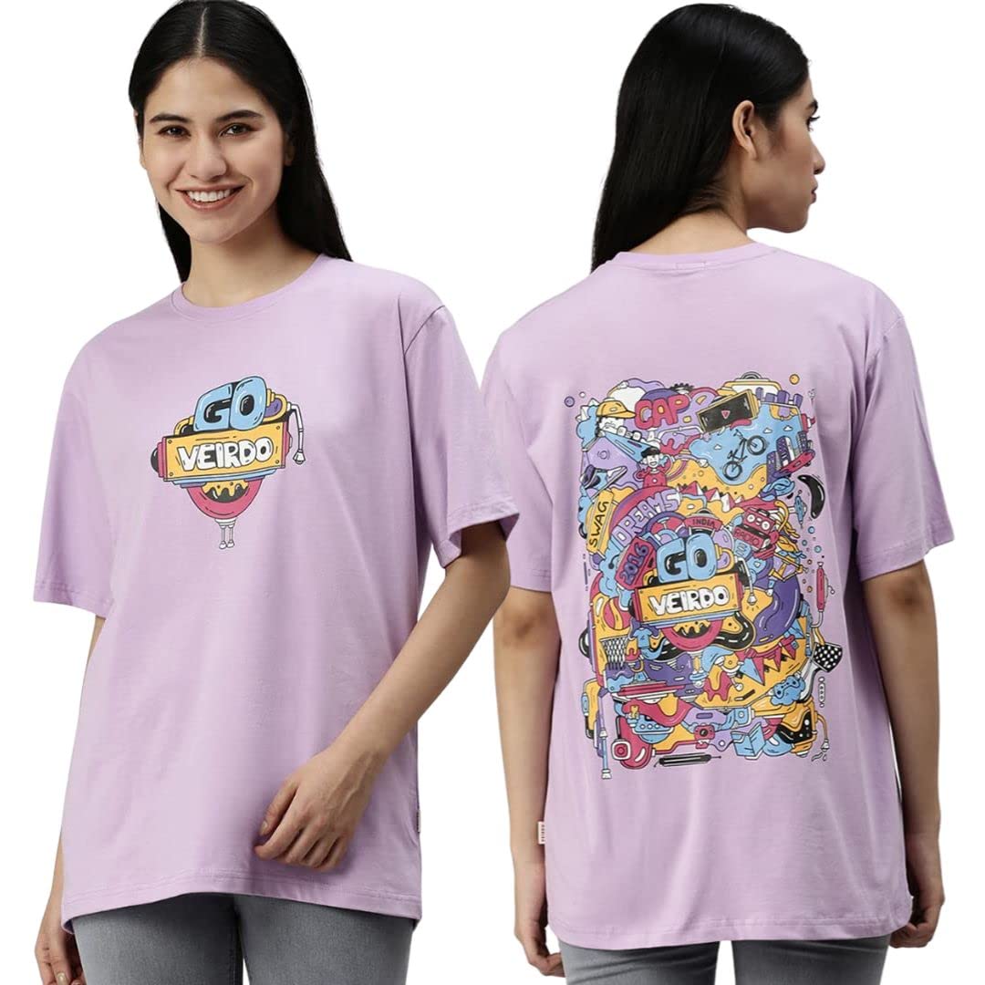 Veirdo® Pure Cotton Round Neck Oversized Baggy Fit Latest Stylish Front & Back Graphic Printed Half Sleeve Boyfriend T-Shirt for Women (Color Options- Black, Orange, Royal Blue & Lilac)