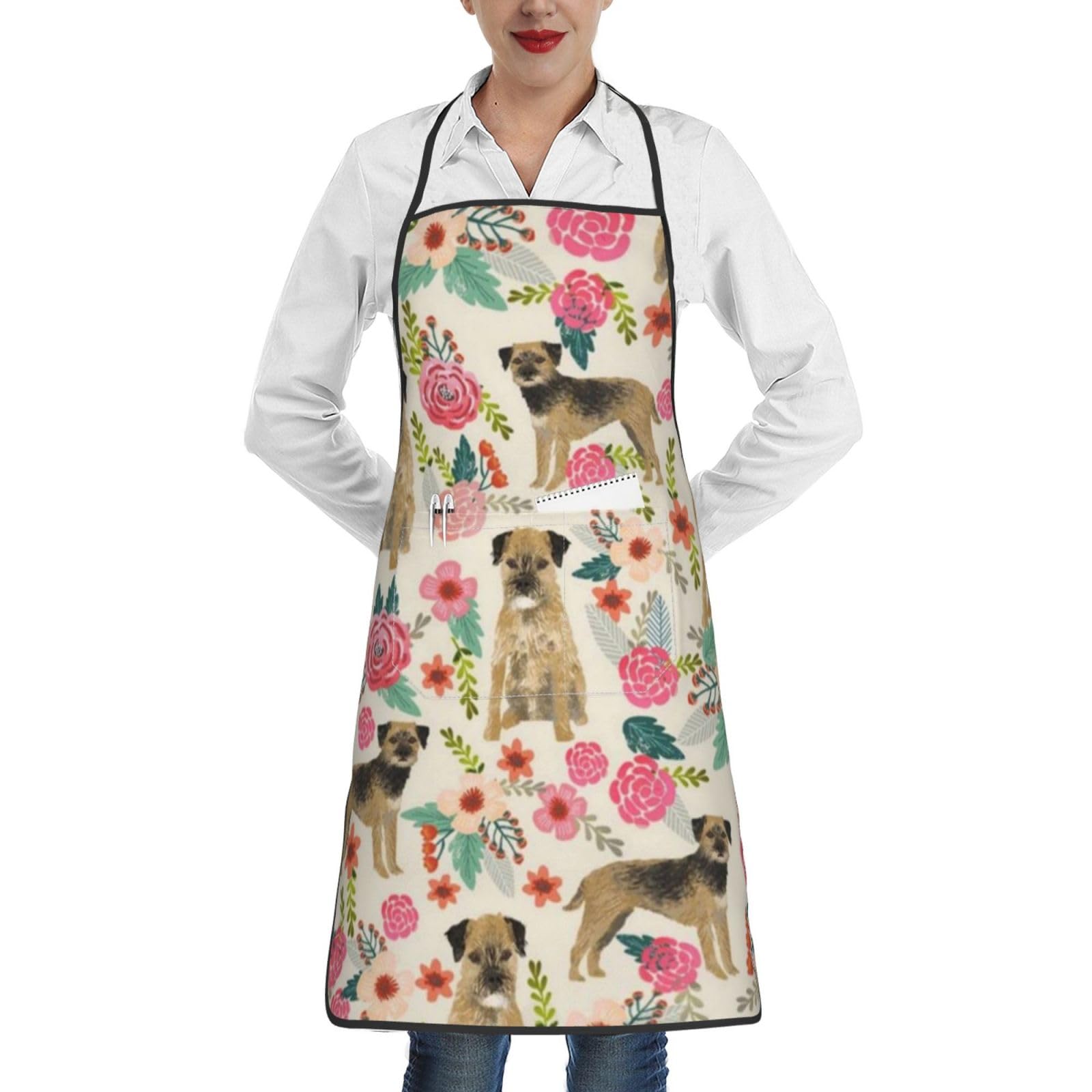 YsoLda Kitchen Aprons,Cooking Apron With Pockets,Waterproof Chef Apron Adjustable Bib Aprons,Border Terrier Florals Cream