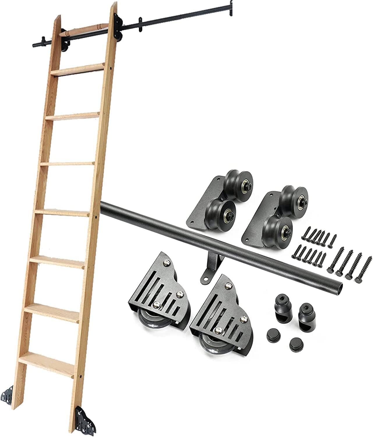 3.3ft20ft Rolling Ladder Hardware Library Sliding Ladder Hardware Kit Round Track/Rail (No Ladder),Black Mobile Ladder Track with Floor Roller Wheels (10ft/300cm Track kit)