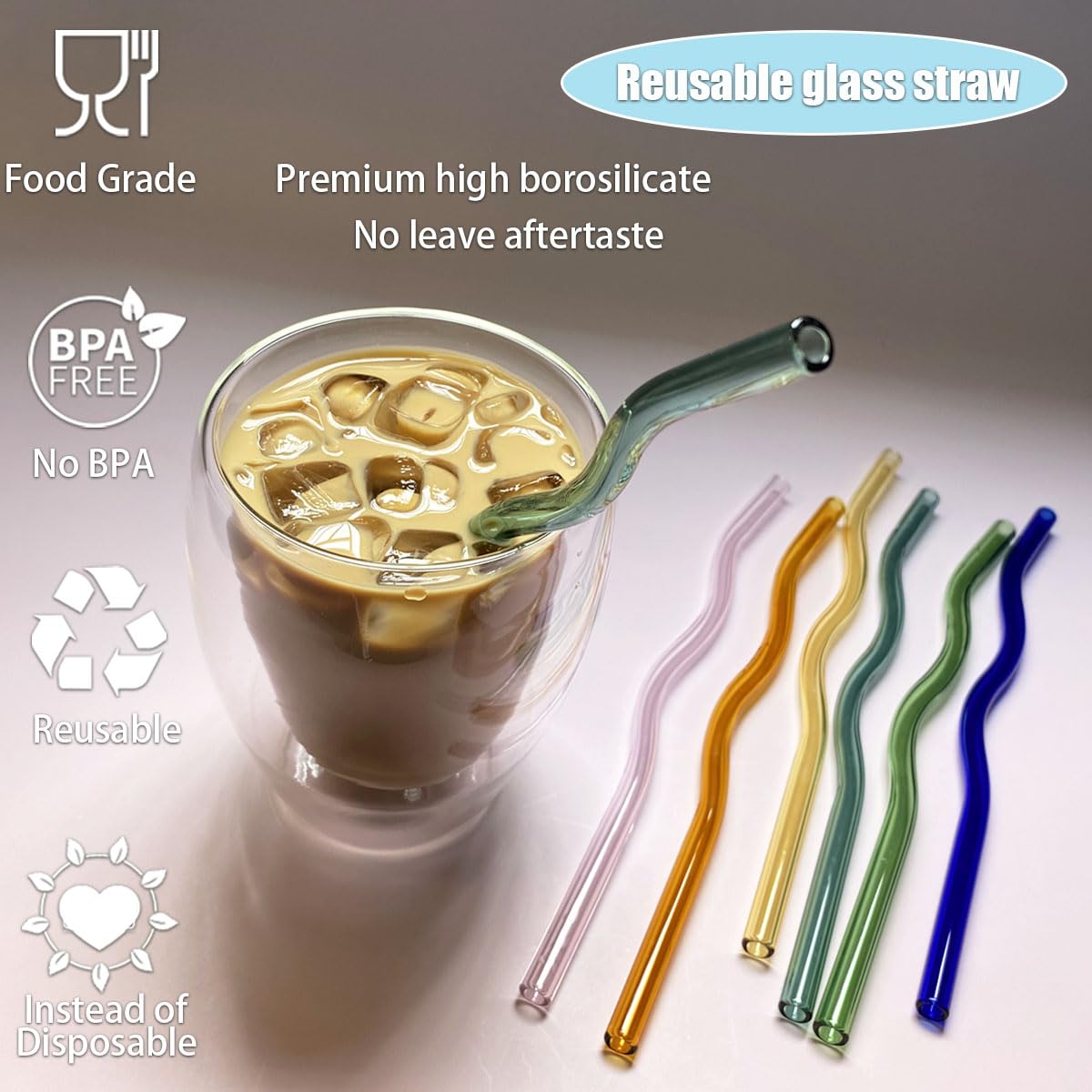 Bunte gewellte Glas-Trinkhalme, 20 x 8 mm, niedliche, wiederverwendbare Glas-Trinkhalme aus hochwertigem Borosilikatglas, mit 1 Reinigungsbürste und 1 Aufbewahrungsbox, für kalte oder heiße