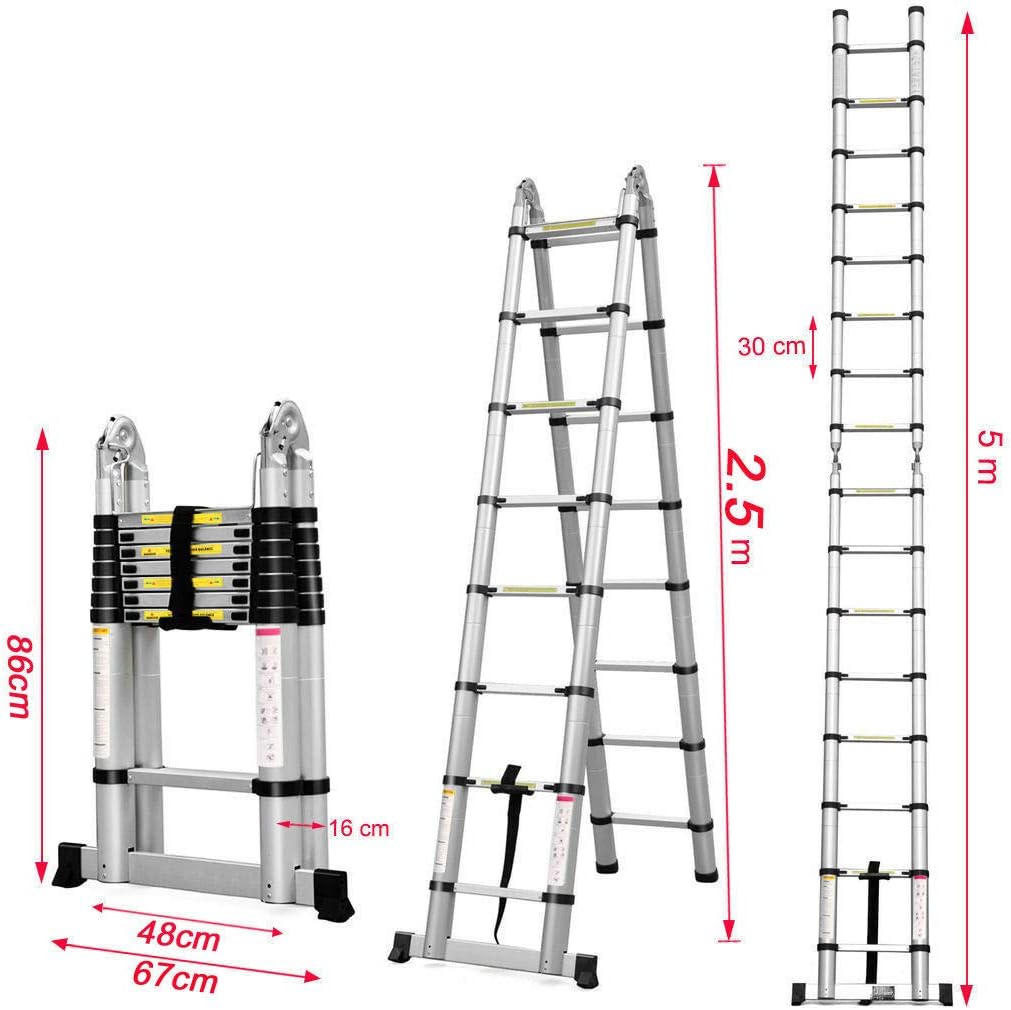 Telescoping Aluminum Ladder 16.5FT Extension Ladder with Stabilizer Bar 5M(2.5+2.5m) Multi Purpose A-Frame Ladder for Home Clean Household Daily Decorate Replace The Bulb 330 Lb Capacity/150 kg