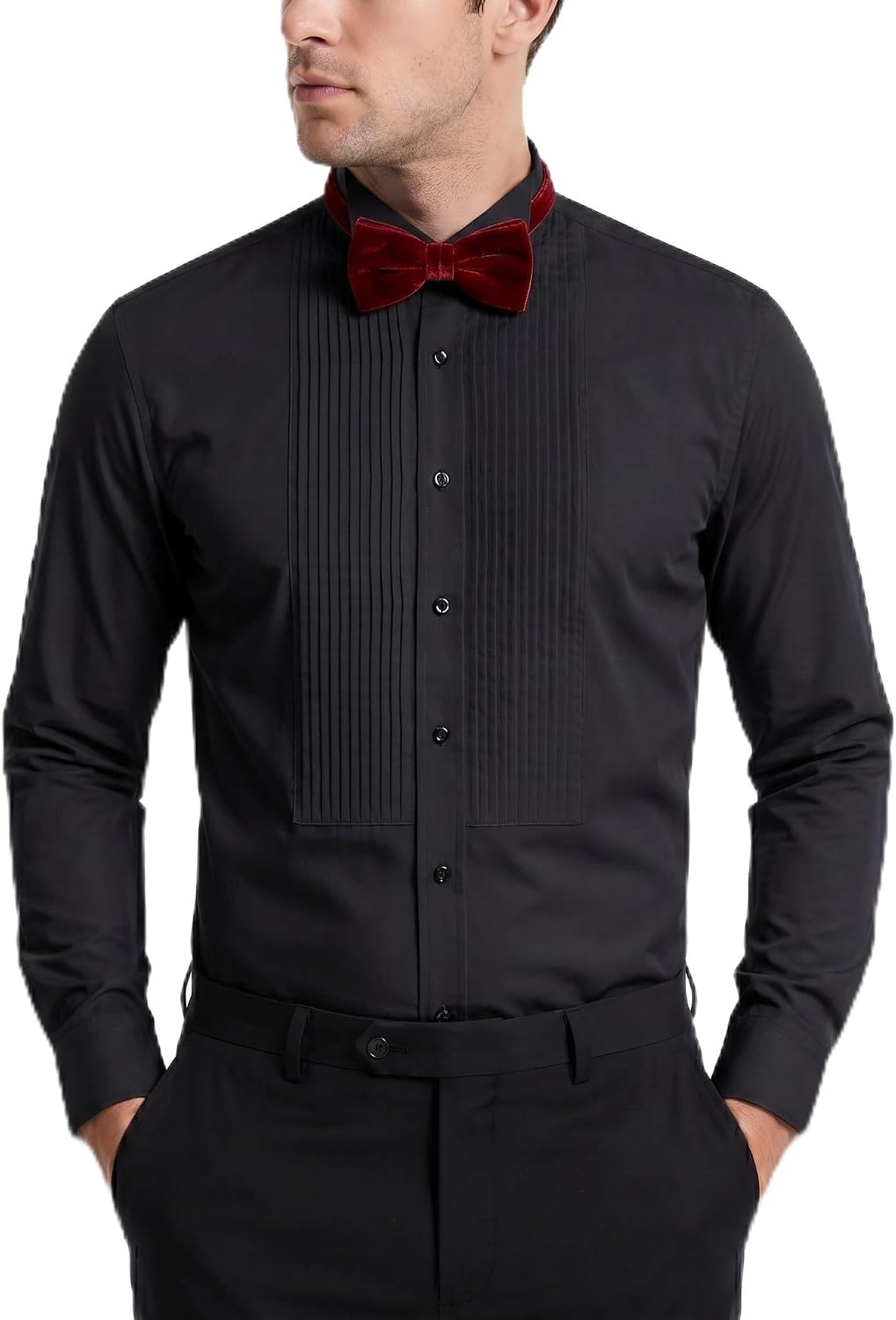 FAHIZO Men's White Tuxedo Shirt with Wing Collar, French Cuffs & Accessories