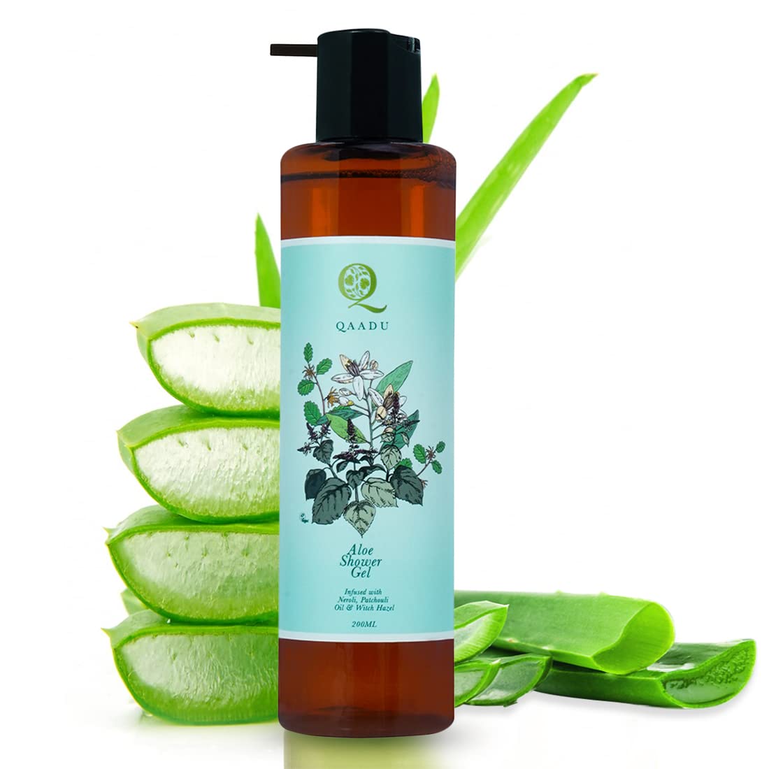 QAADU Aloe Shower Gel infused with Neroli, Patchouli & Witch hazel,Suitable for all skin types, Ideal for rough, lacklustre, and tired looking skin-200ml Vegan