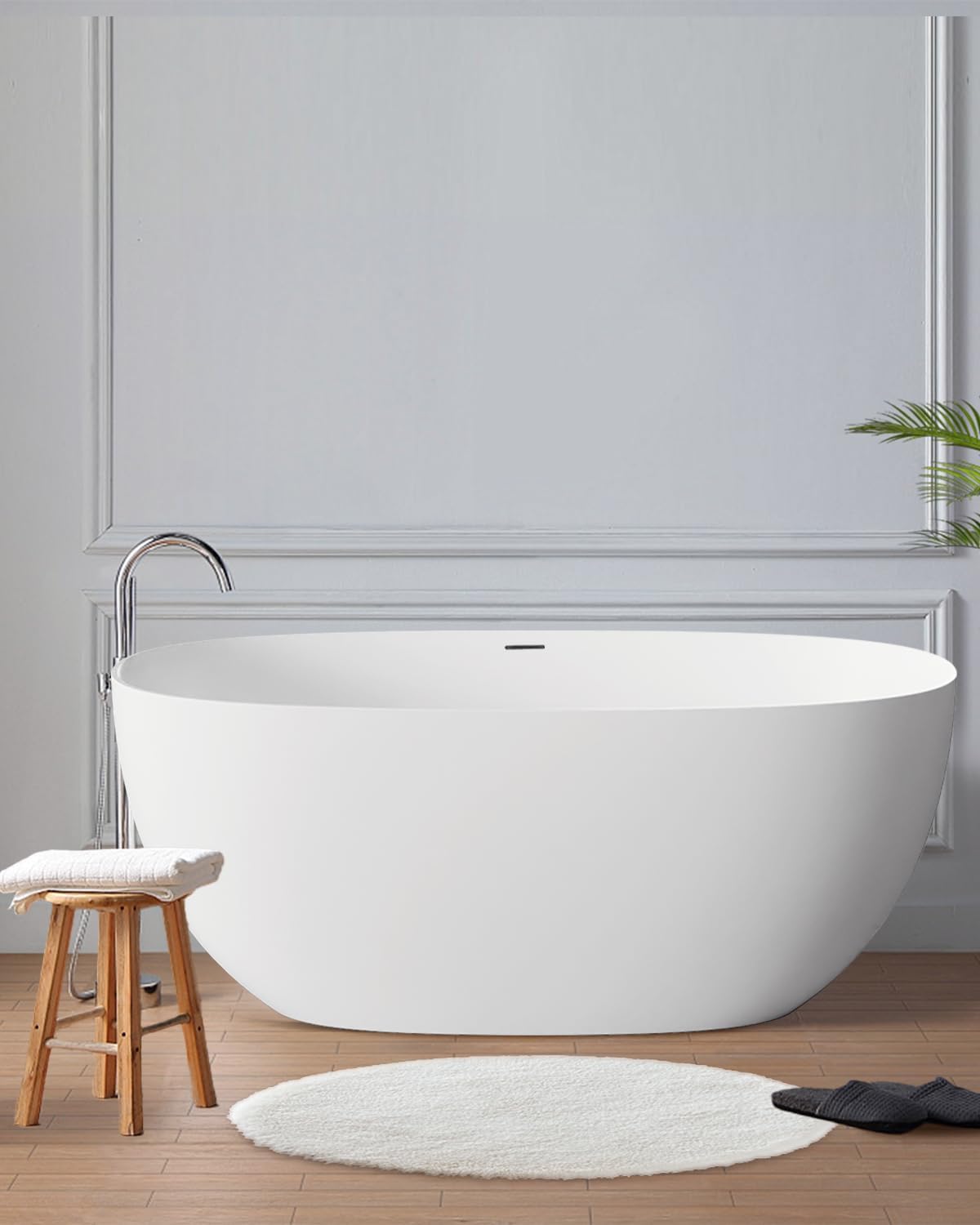 Stone Resin Freestanding Bathtubs,Soklawah 63" Solid Surface Luxury Soaking Tub,Oval Stand Alone Bathroom Bath tub with Drain & Integrated Slotted Overflow,Matte White Elegant Soaker Free Standing Tub
