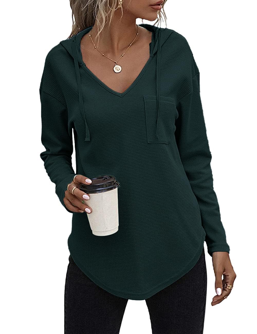 Cegerne Pullover Damen Hoodie Langarm V Ausschnitt Pullover Sweatshirt Kapuzenpullover Einfarbig Drawstring Top