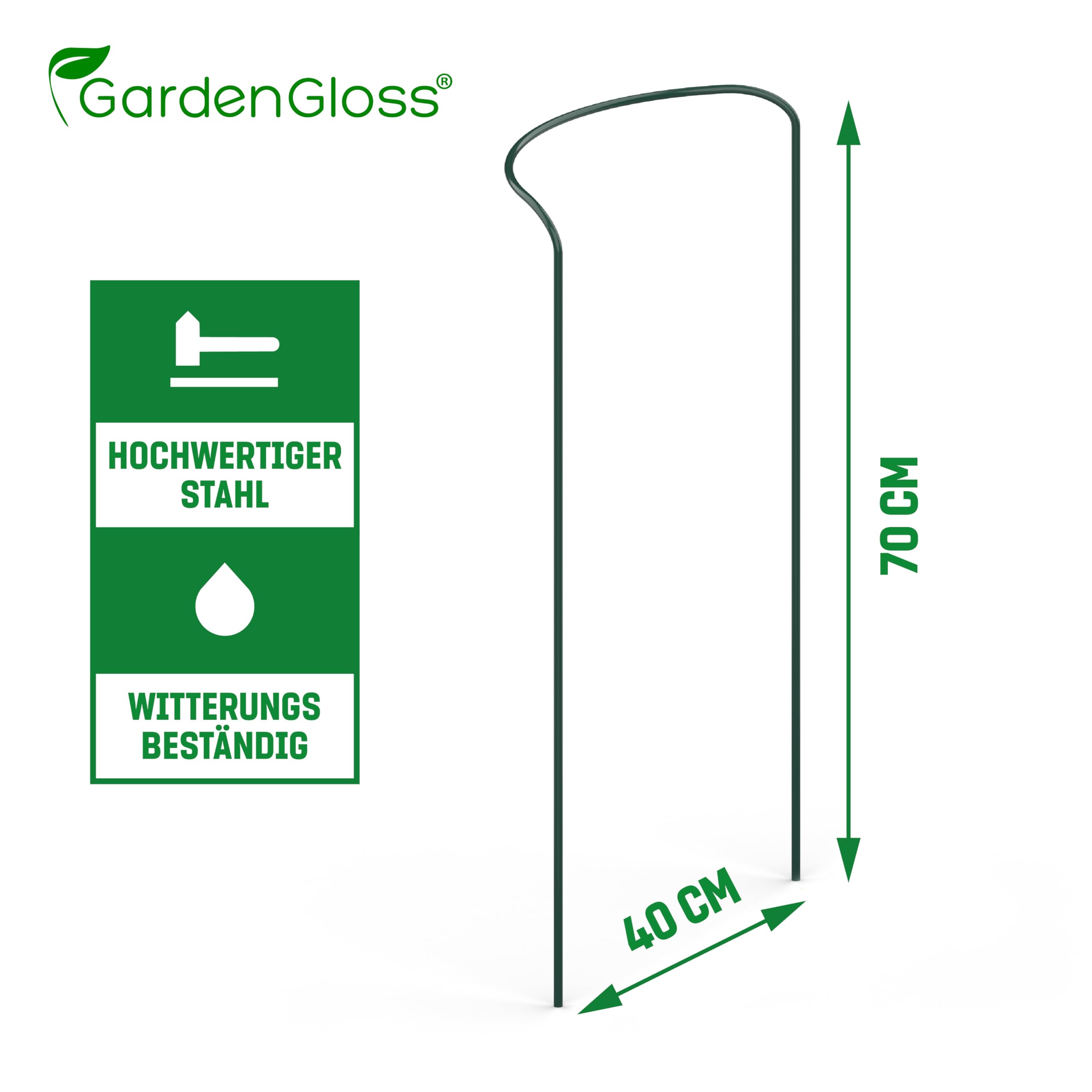 GardenGloss Strauchstützen (10 Stück) - Halbrund Staudenhalter - 70 x 40cm | Beschichteter Stahl - Für Hortensien & Rosen - Für Blumen & Stauden - Stabiler Halt