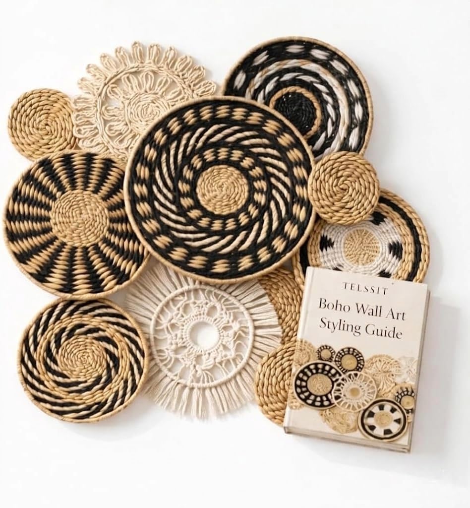 11-Piece (Retro) Boho Wall Basket Decor – Handmade Woven Wall Baskets, Bohemian Farmhouse Wall Art, Rustic Hanging Basket Set for Living Room, Bedroom & Kitchen Summer decoration