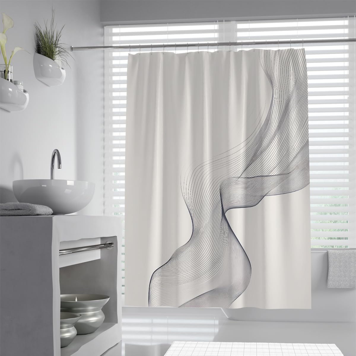 UIRINGART Chic Flowing Ribbon Shower Curtain W100xL200cm Contemporary Abstract Lines Pattern Water Repellent Washable Wet Room Bath Screen With Hook