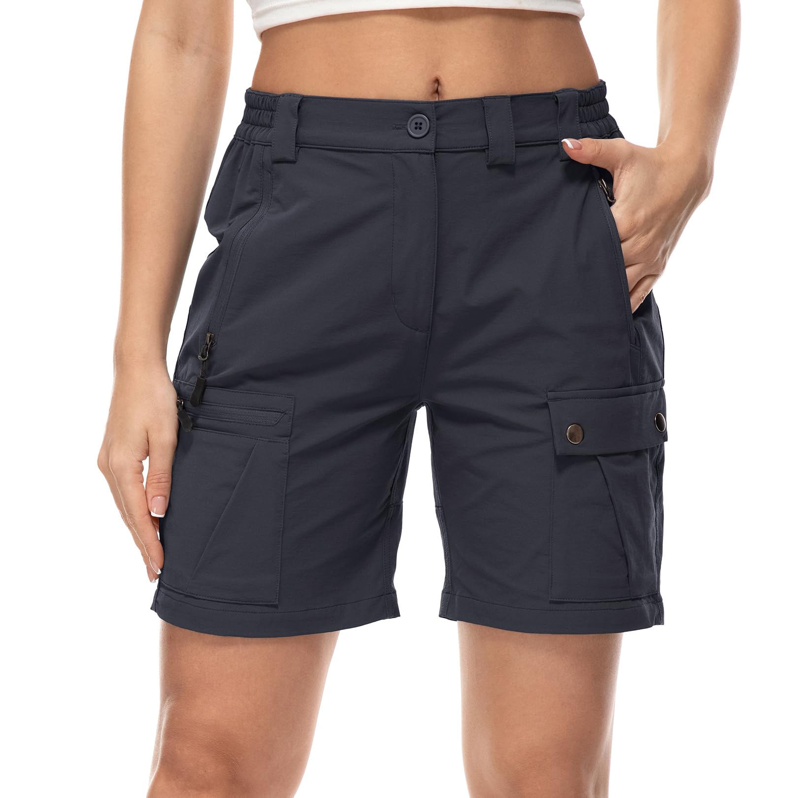 Jogwits Damen Hosen Kurze Sommer Shorts Cargo Hose Knielang Bequeme elastische leichte Schnelltrocken Outdoor Sporthose für Reisen und Wandern mit 4 Taschen