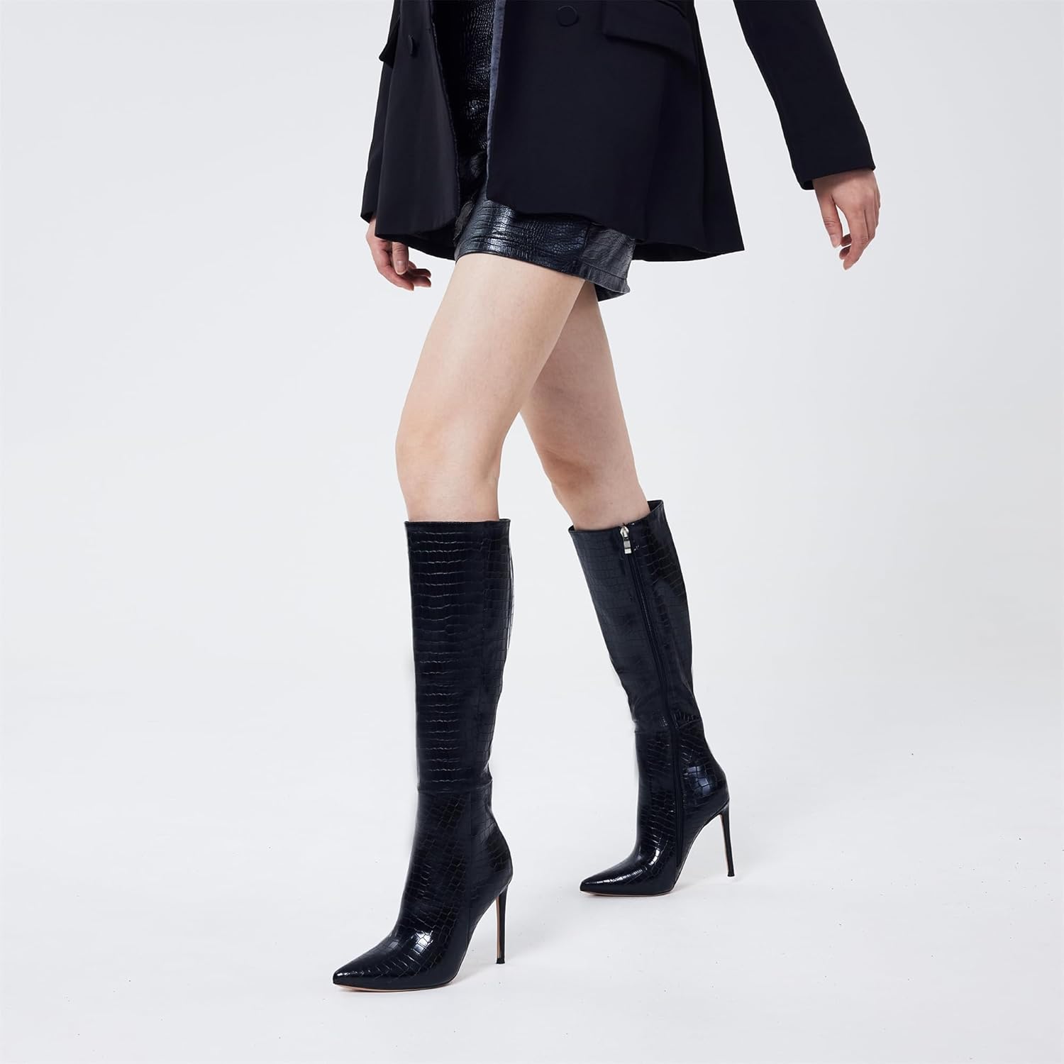 Elisabet Tang 4 inch Women's Knee High Long Boots, Stiletto Tall Pointed Toe Heeled Boot Leather Patent Comfortable Sexy Black Grain Size 9 - Image 8