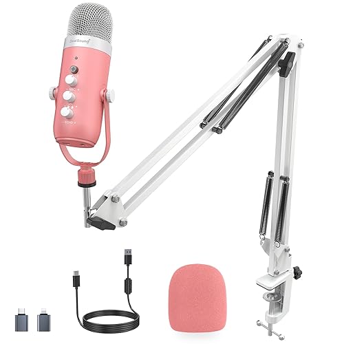 ZealSound Gaming Microphone Kit,Podcast Condenser USB Mic with Boom Arm,Supercardioid Microphone with Mute Button,Echo Volume Gain Knob,Adjust Monitor for Phone PC Computer (Pink) - Pearly Pink