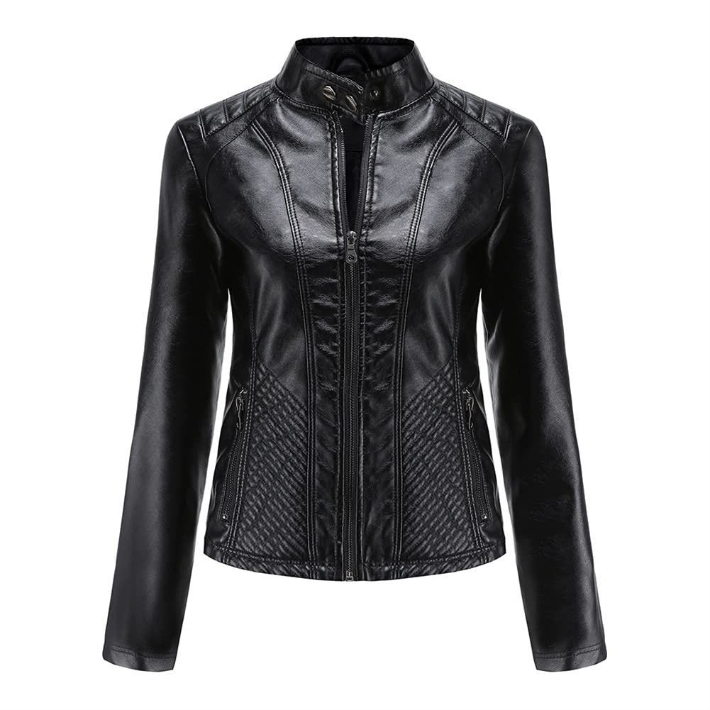 YFFUSHI Femme Veste en Simili Cuir Décontracté Style Motard PU Biker Blouson Cuir en Col Montant